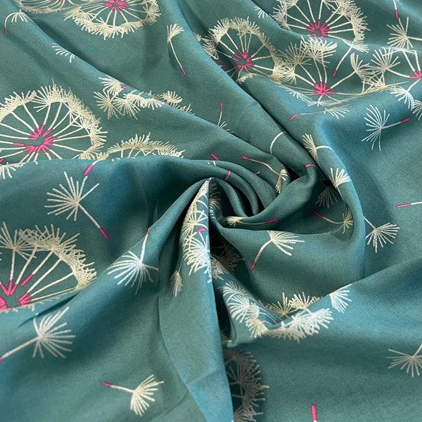 Teal Dandelion Puffs Rayon Lawn
