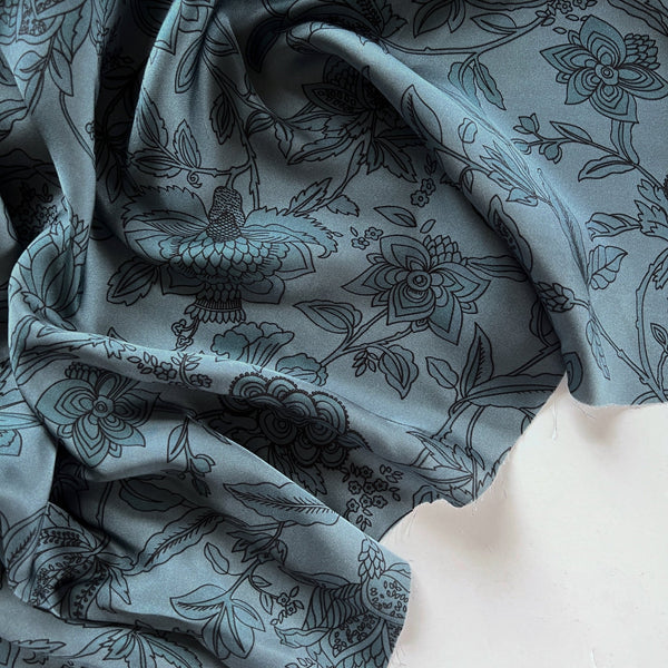 Steel Blue Floral Viscose Satin - Needle Sharp