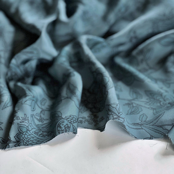 Steel Blue Floral Viscose Satin - Needle Sharp