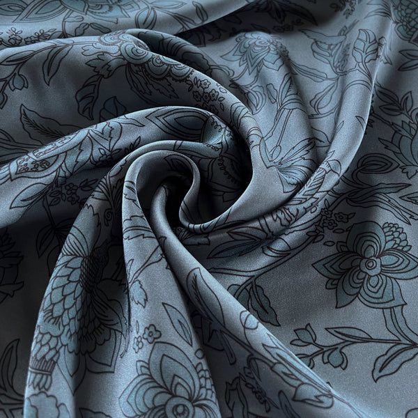 Steel Blue Floral Viscose Satin - Needle Sharp